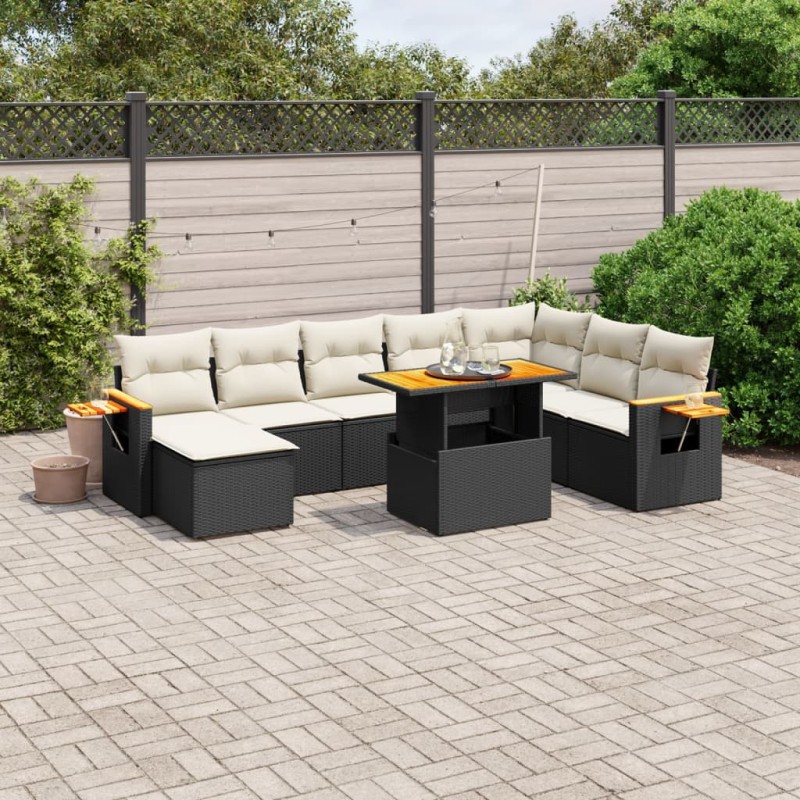 8 pcs conjunto sofás de jardim com almofadões vime PE preto-Conjuntos de jardim-Home Retail