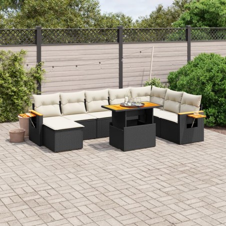 8 pcs conjunto sofás de jardim com almofadões vime PE preto