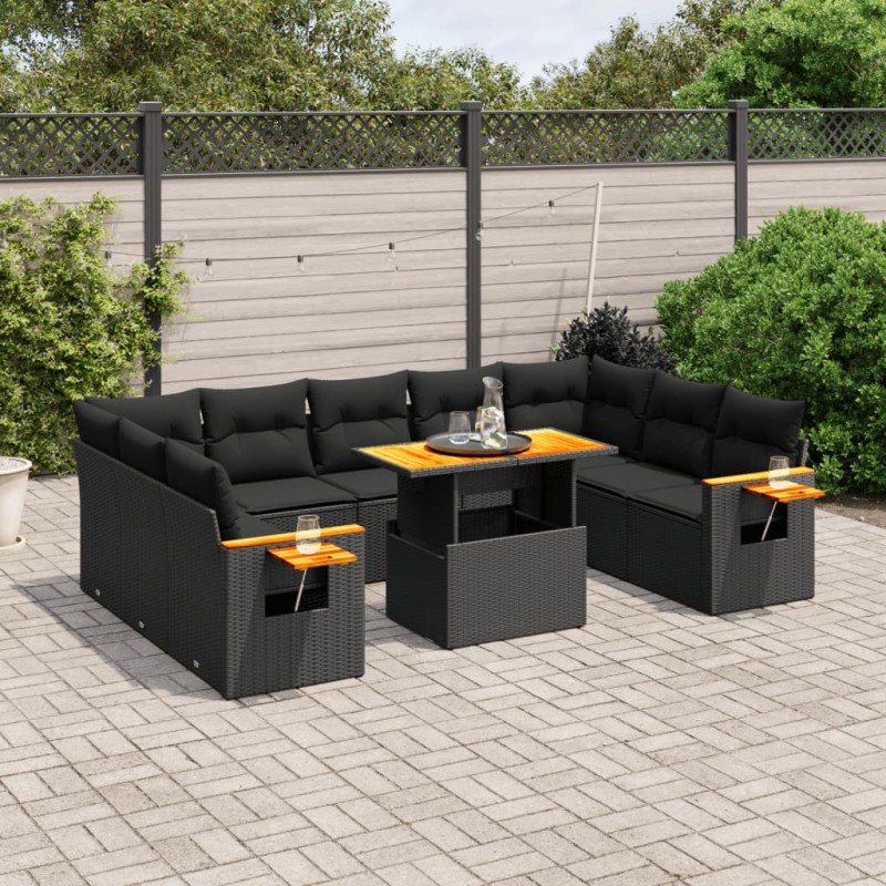 11 pcs conjunto sofás de jardim c/ almofadões vime PE preto-Conjuntos de jardim-Home Retail