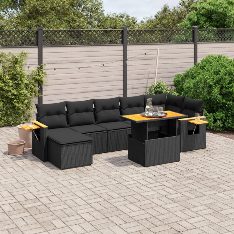 8 pcs conjunto sofás de jardim com almofadões vime PE preto-Conjuntos de jardim-Home Retail