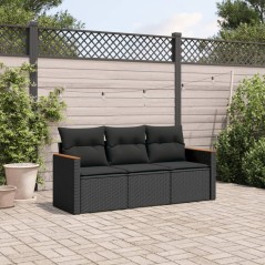 3 pcs conjunto sofás de jardim com almofadões vime PE preto