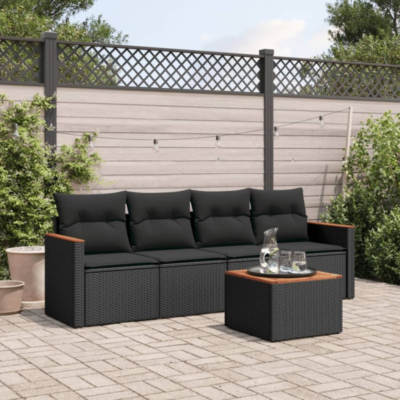 5 pcs conjunto sofás de jardim com almofadões vime PE preto-Conjuntos de jardim-Home Retail