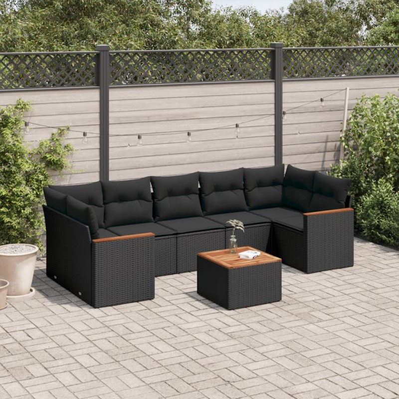 8 pcs conjunto sofás de jardim com almofadões vime PE preto-Conjuntos de jardim-Home Retail