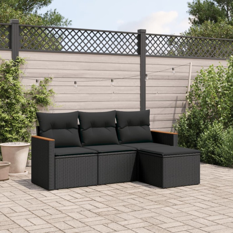 4 pcs conjunto de sofás para jardim c/ almofadões vime PE preto-Conjuntos de jardim-Home Retail