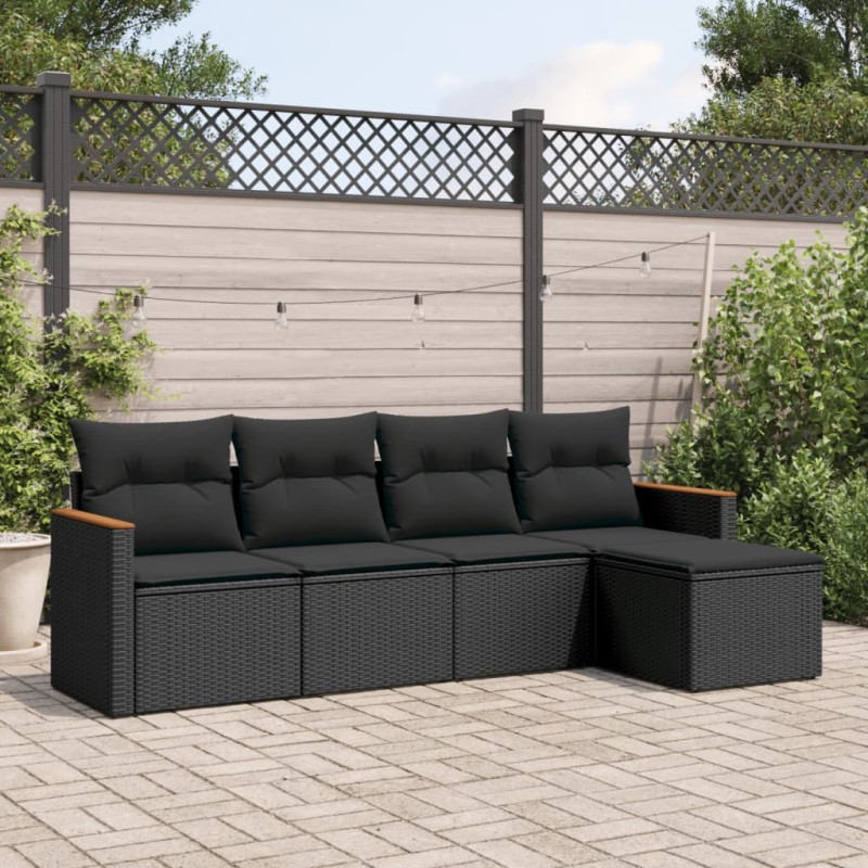 5 pcs conjunto sofás de jardim com almofadões vime PE preto-Conjuntos de jardim-Home Retail