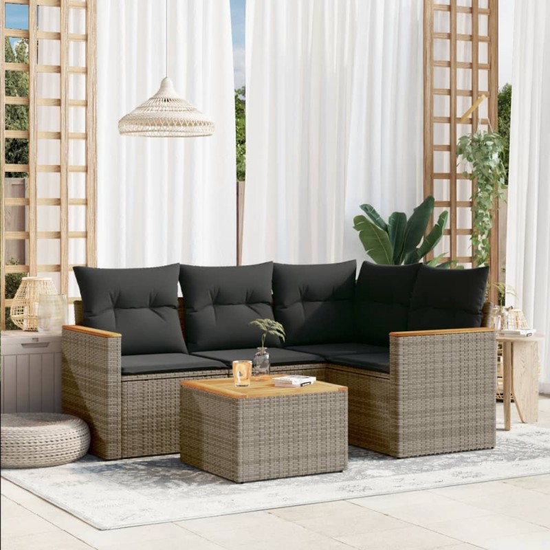 5 pcs conjunto sofás de jardim c/ almofadões vime PE cinzento-Conjuntos de jardim-Home Retail