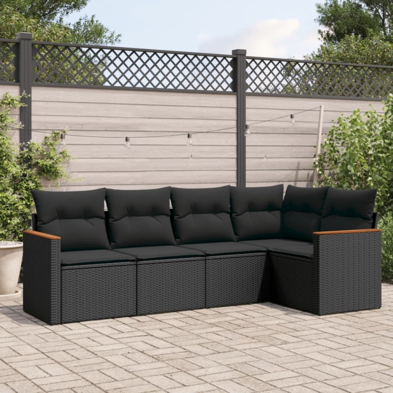 5 pcs conjunto sofás de jardim com almofadões vime PE preto-Conjuntos de jardim-Home Retail