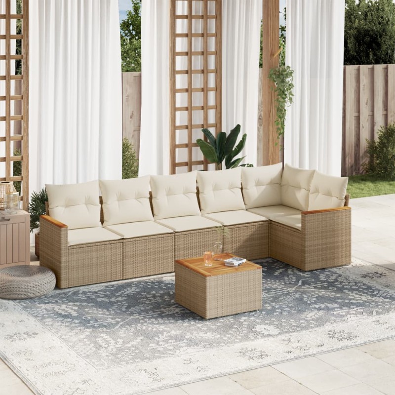 7 pcs conjunto de sofás p/ jardim com almofadões vime PE bege-Conjuntos de jardim-Home Retail