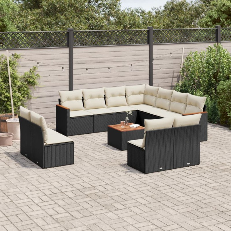 12 pcs conjunto de sofás de jardim c/ almofadões vime PE preto-Conjuntos de jardim-Home Retail