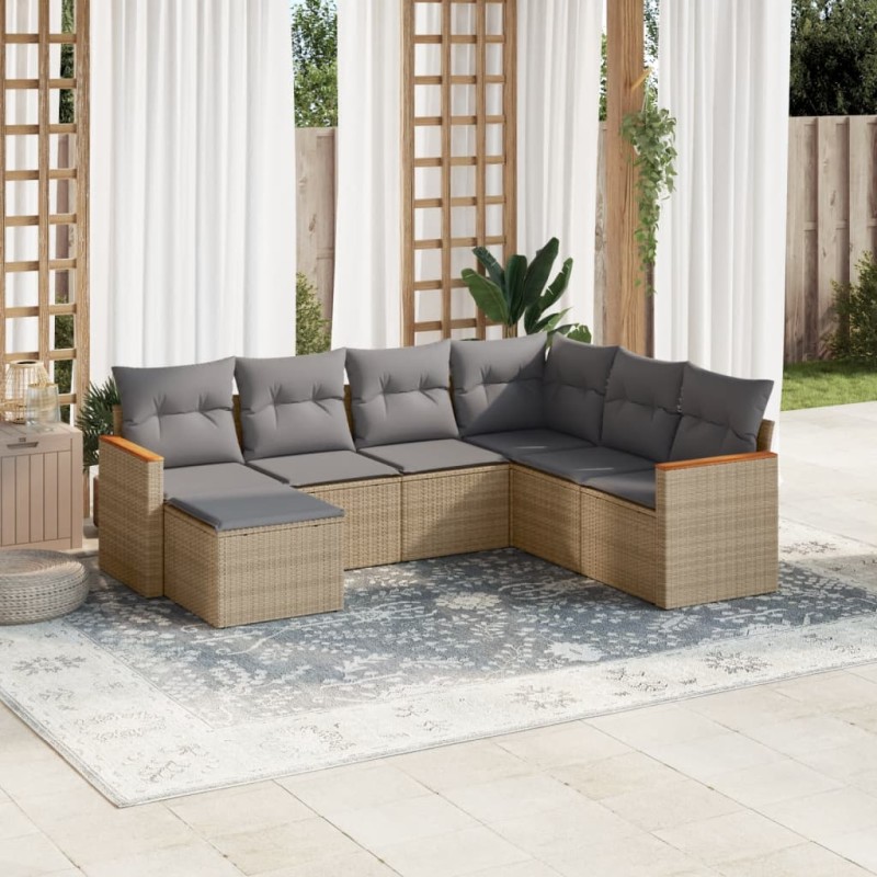 7 pcs conj. sofás jardim c/ almofadões vime PE bege misturado-Conjuntos de jardim-Home Retail