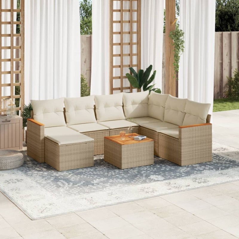 8 pcs conjunto de sofás p/ jardim com almofadões vime PE bege-Conjuntos de jardim-Home Retail