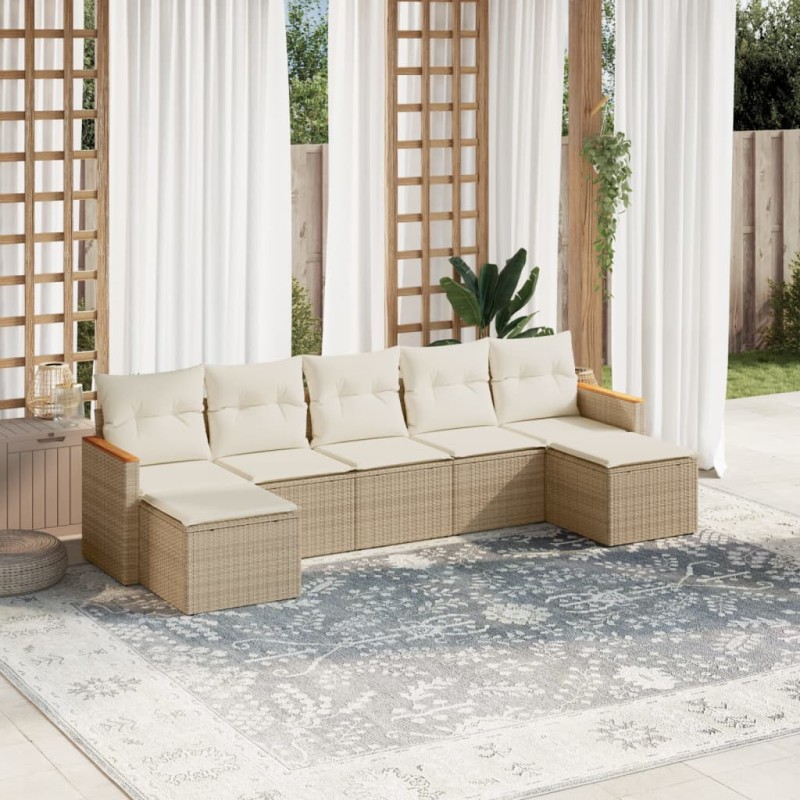 7 pcs conjunto de sofás p/ jardim com almofadões vime PE bege-Conjuntos de jardim-Home Retail