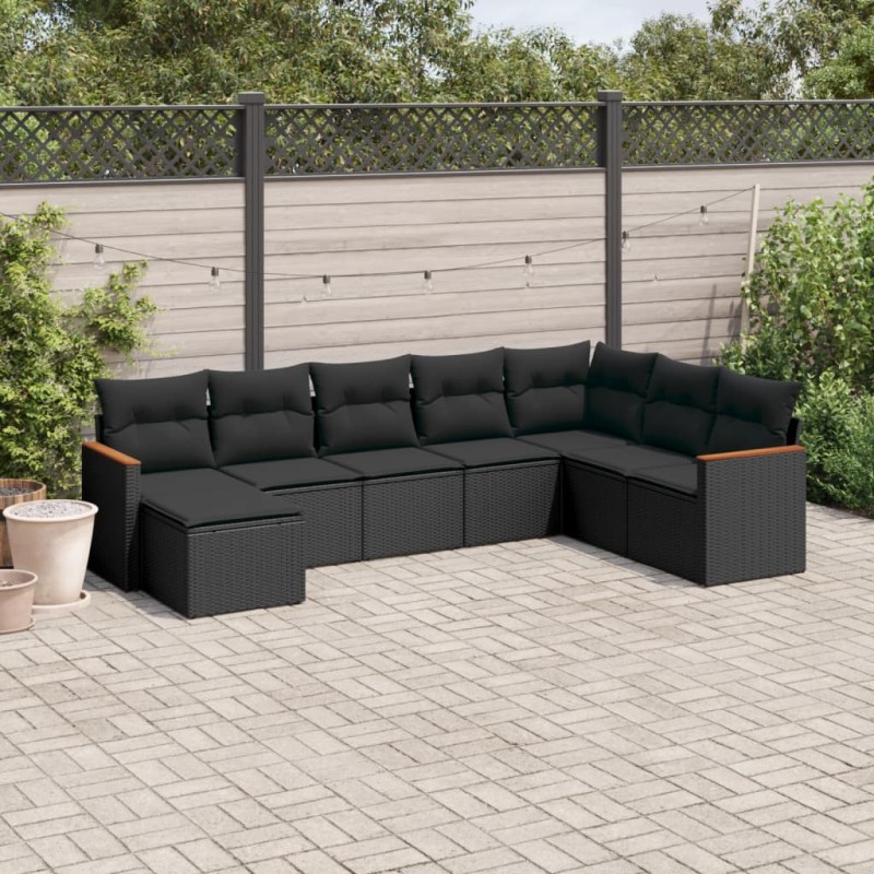 8 pcs conjunto sofás de jardim com almofadões vime PE preto-Conjuntos de jardim-Home Retail