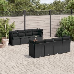 9 pcs conjunto de sofás p/ jardim c/ almofadões vime PE preto