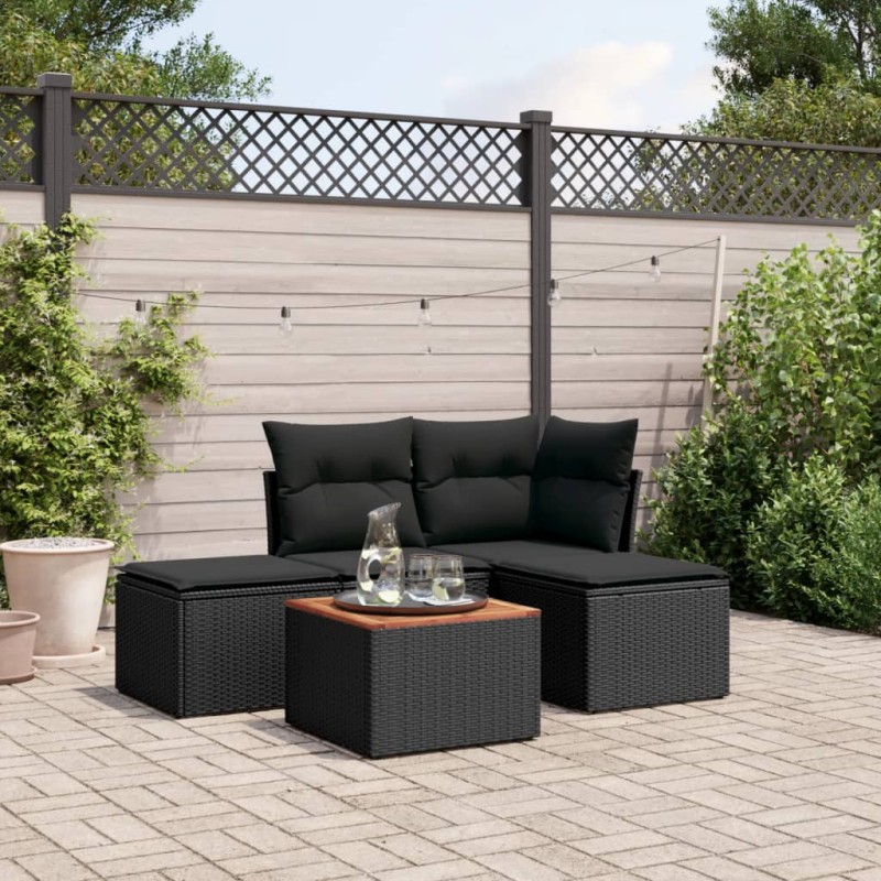 5 pcs conjunto sofás de jardim com almofadões vime PE preto-Conjuntos de jardim-Home Retail