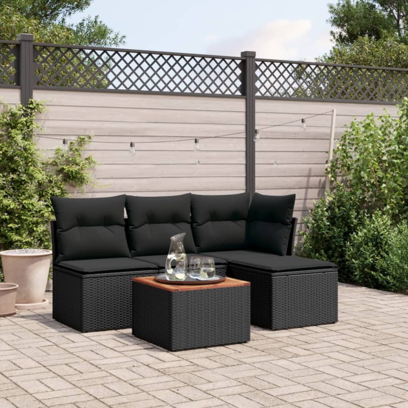 5 pcs conjunto sofás de jardim com almofadões vime PE preto-Conjuntos de jardim-Home Retail