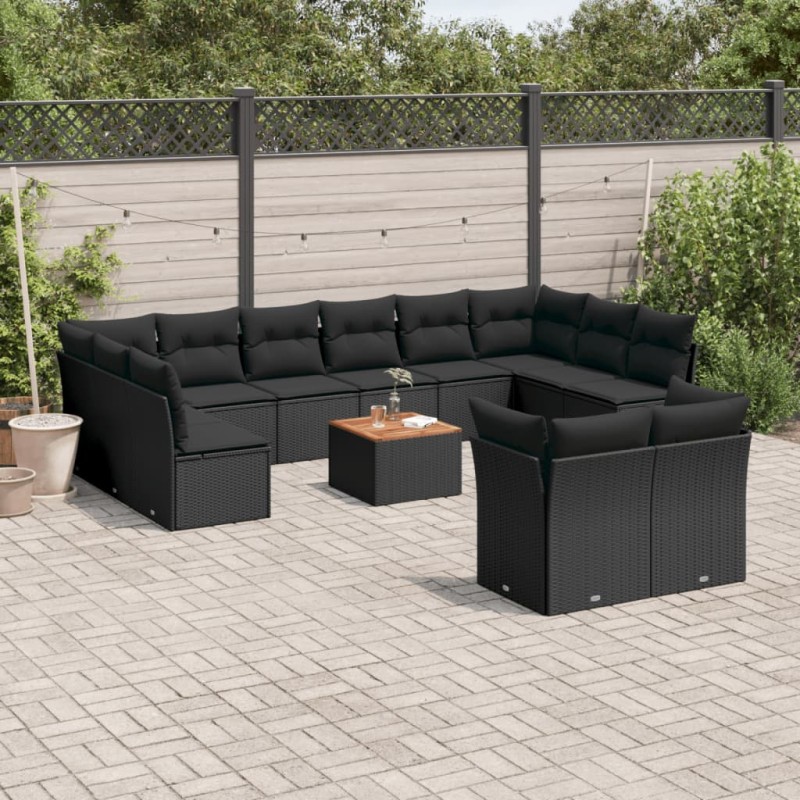 13 pcs conjunto de sofás de jardim com almofadões vime PE preto-Conjuntos de jardim-Home Retail