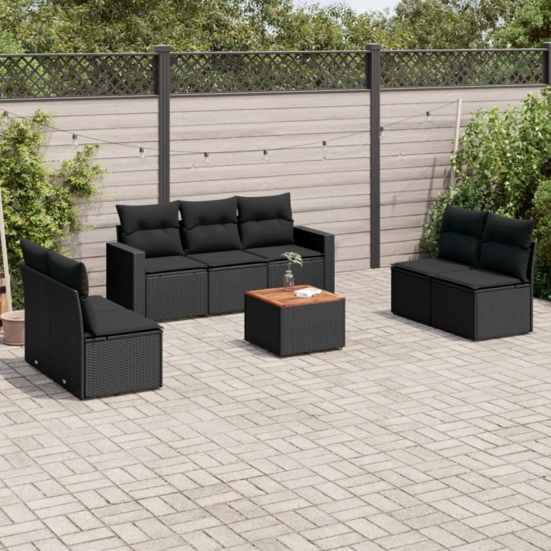 8 pcs conjunto sofás de jardim com almofadões vime PE preto-Conjuntos de jardim-Home Retail