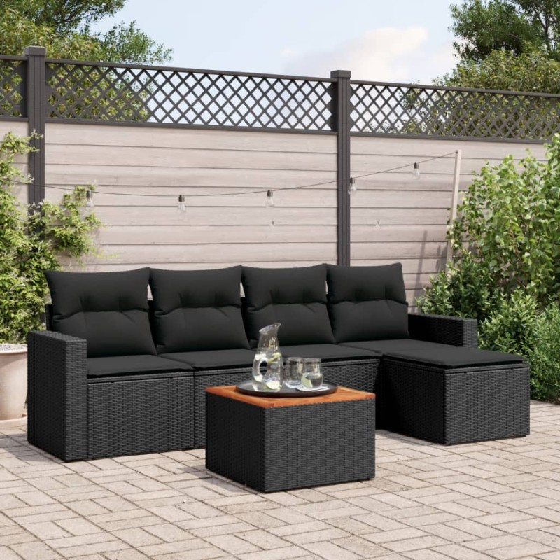 6 pcs conjunto sofás de jardim c/ almofadões vime PE preto-Conjuntos de jardim-Home Retail