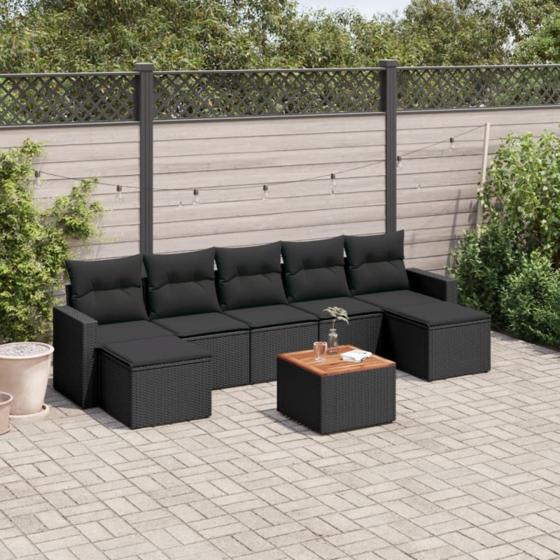 8 pcs conjunto sofás de jardim com almofadões vime PE preto-Conjuntos de jardim-Home Retail