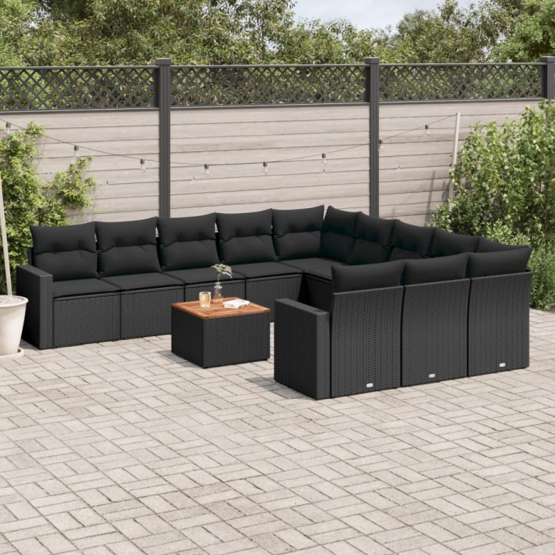 12 pcs conjunto de sofás de jardim c/ almofadões vime PE preto-Conjuntos de jardim-Home Retail