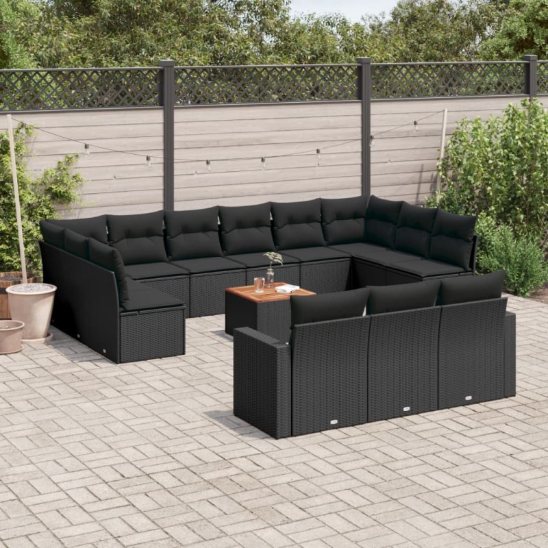 14 pcs conjunto de sofás p/ jardim c/ almofadões vime PE preto-Conjuntos de jardim-Home Retail