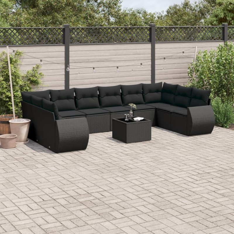 11 pcs conjunto sofás de jardim c/ almofadões vime PE preto-Unidades de sofá com módulos externos-Home Retail