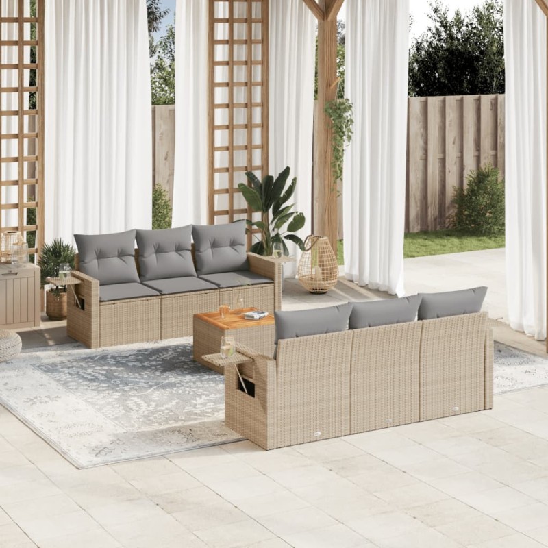 7 pcs conjunto de sofás p/ jardim com almofadões vime PE bege-Unidades de sofá com módulos externos-Home Retail