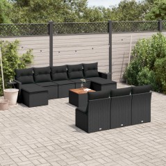 11 pcs conjunto sofás de jardim c/ almofadões vime PE preto