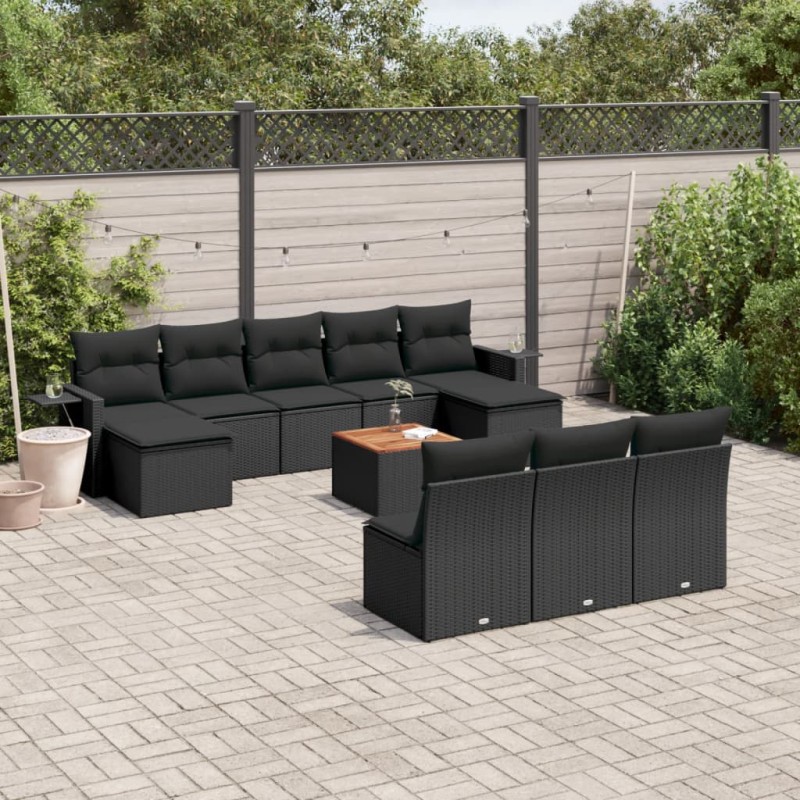 11 pcs conjunto sofás de jardim c/ almofadões vime PE preto-Unidades de sofá com módulos externos-Home Retail