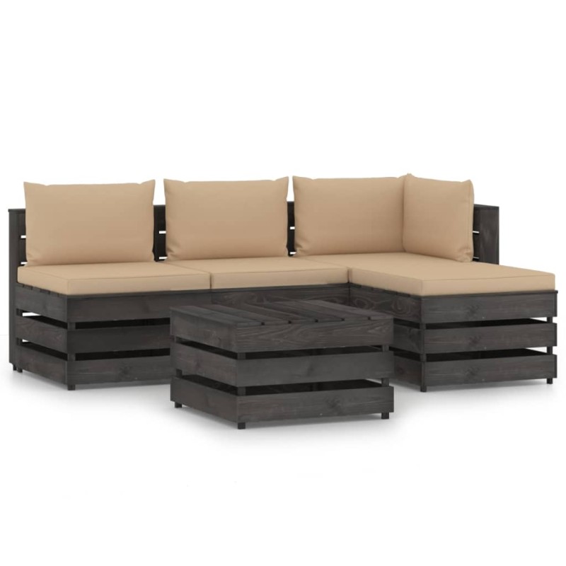 5 pcs conj. lounge jardim + almofadões madeira impreg. cinzento-Conjuntos de jardim-Home Retail