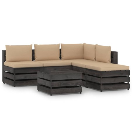 6 pcs conj. lounge jardim + almofadões madeira impreg. cinzento