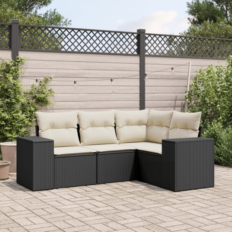 4 pcs conjunto de sofás para jardim c/ almofadões vime PE preto-Unidades de sofá com módulos externos-Home Retail