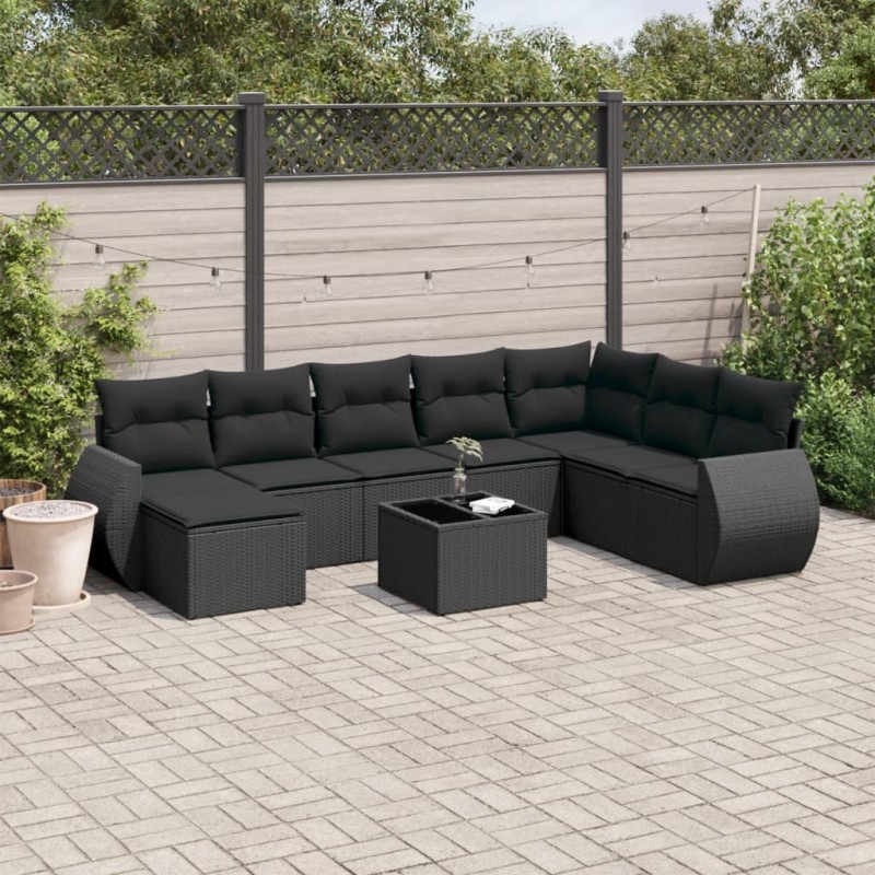 9 pcs conjunto de sofás p/ jardim c/ almofadões vime PE preto-Unidades de sofá com módulos externos-Home Retail