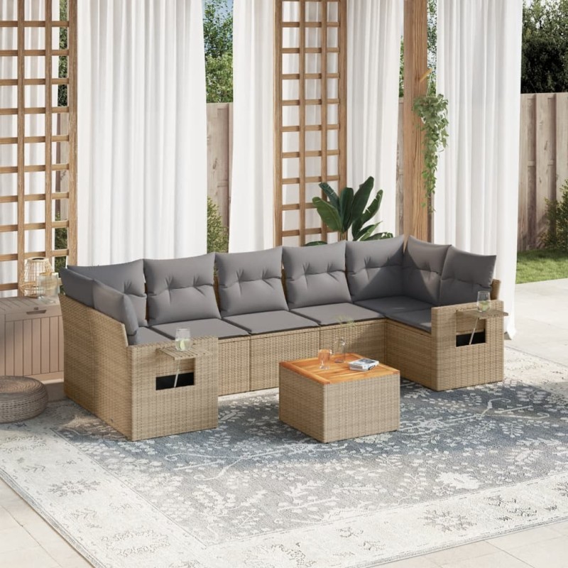 8 pcs conjunto de sofás p/ jardim com almofadões vime PE bege-Unidades de sofá com módulos externos-Home Retail