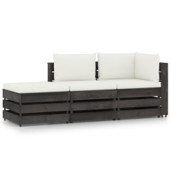 3 pcs conj. lounge jardim + almofadões madeira impreg. cinzento