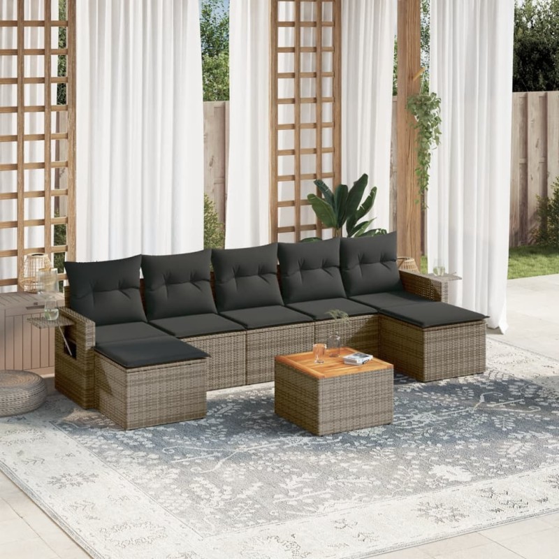 8 pcs conjunto sofás de jardim c/ almofadões vime PE cinzento-Unidades de sofá com módulos externos-Home Retail