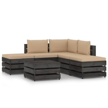 6 pcs conj. lounge jardim + almofadões madeira impreg. cinzento