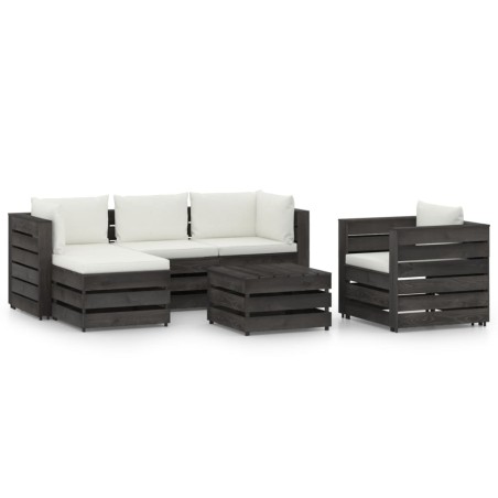 6 pcs conj. lounge jardim + almofadões madeira impreg. cinzento