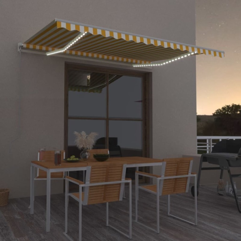 Toldo retrátil manual com LED 450x300 cm amarelo e branco-Toldos para janelas e portas-Home Retail