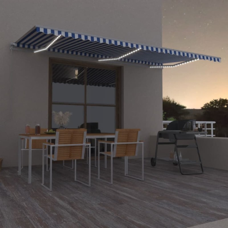 Toldo retrátil manual com LED 600x350 cm azul e branco-Toldos para janelas e portas-Home Retail