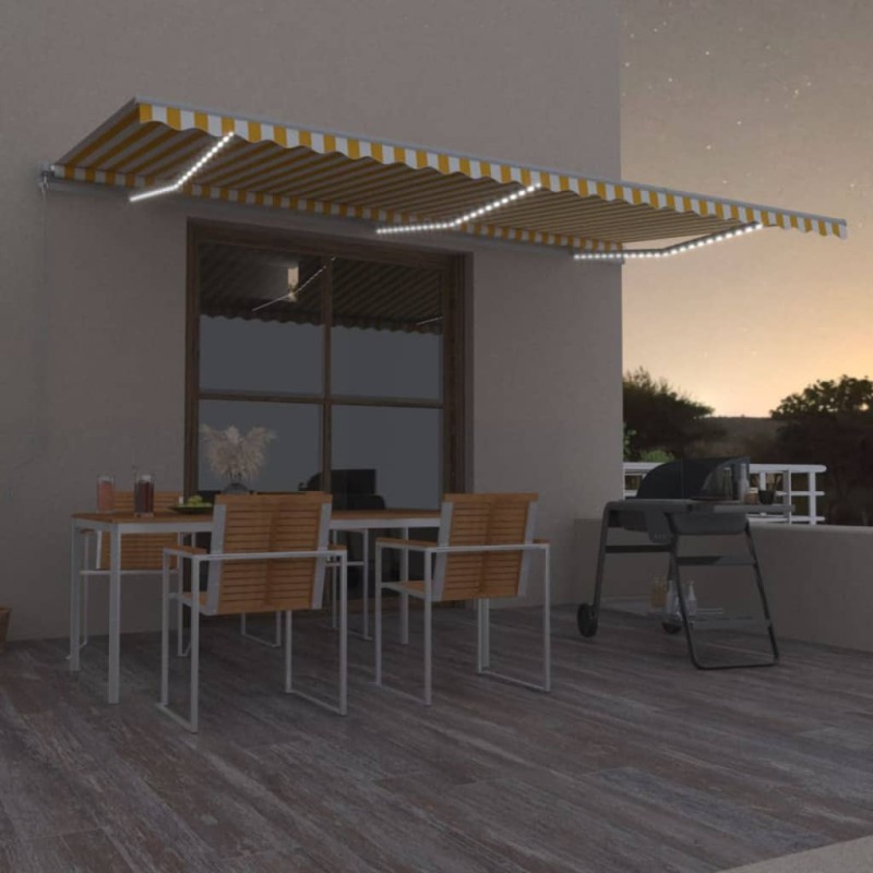 Toldo retrátil manual com LED 600x350 cm amarelo e branco-Toldos para janelas e portas-Home Retail