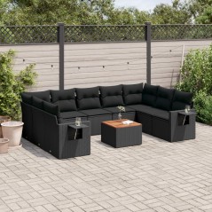 10 pcs conjunto sofás de jardim c/ almofadões vime PE preto