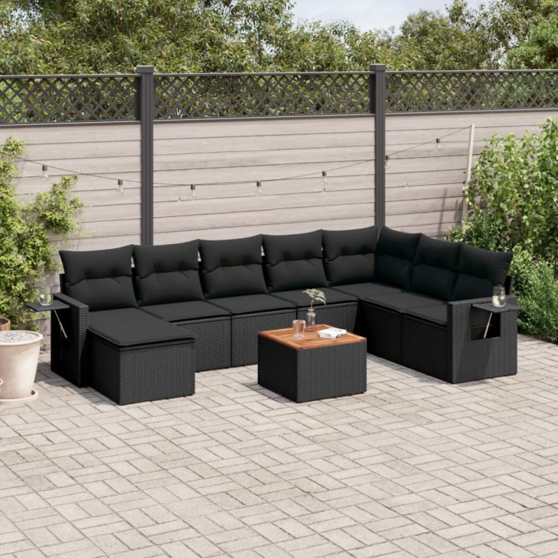 9 pcs conjunto de sofás p/ jardim c/ almofadões vime PE preto-Unidades de sofá com módulos externos-Home Retail