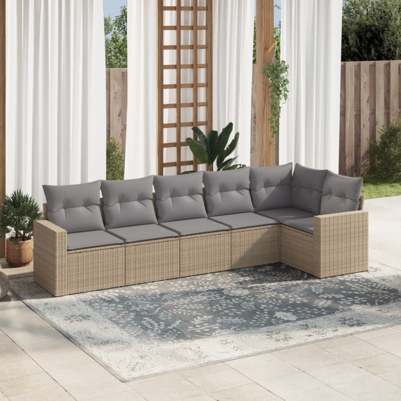 6 pcs conjunto de sofás p/ jardim com almofadões vime PE bege-Unidades de sofá com módulos externos-Home Retail