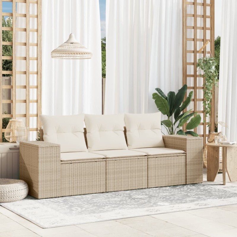 3 pcs conjunto de sofás p/ jardim com almofadões vime PE bege-Unidades de sofá com módulos externos-Home Retail