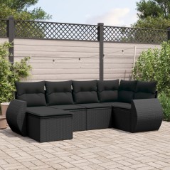 6 pcs conjunto sofás de jardim c/ almofadões vime PE preto