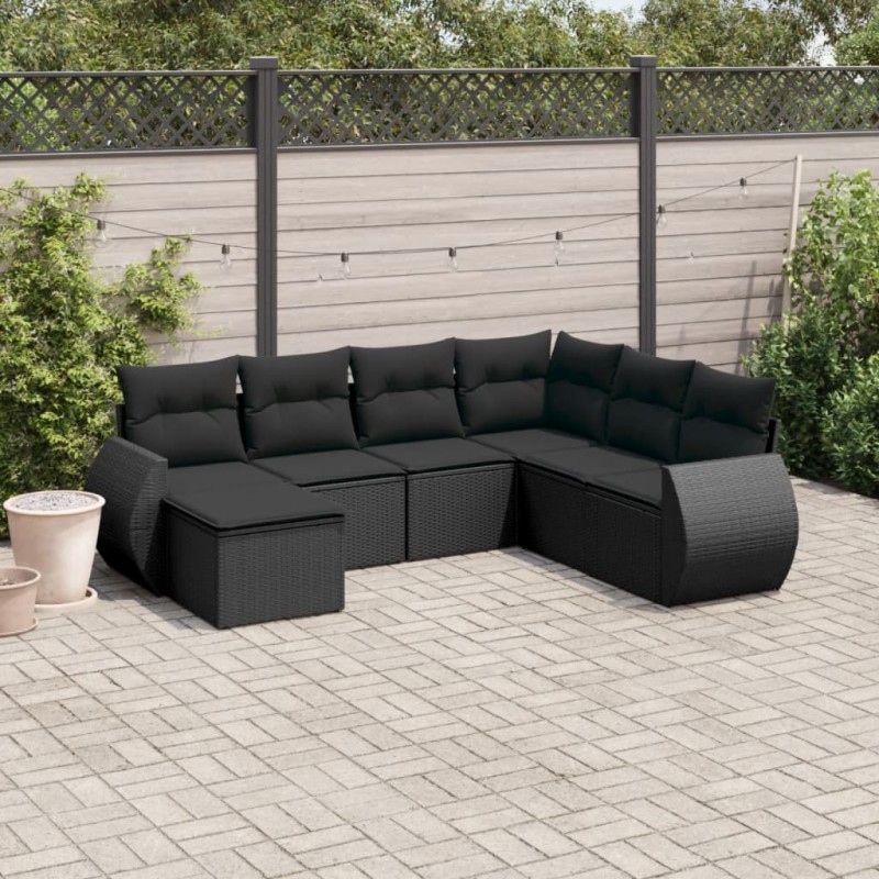 7 pcs conjunto de sofás p/ jardim c/ almofadões vime PE preto-Unidades de sofá com módulos externos-Home Retail