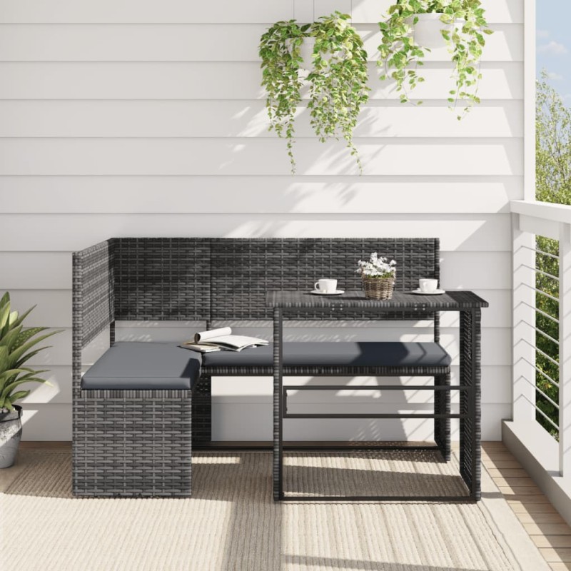 Sofá de jardim forma de L c/ mesa e almofadões vime PE cinzento-Sofás para exterior-Home Retail