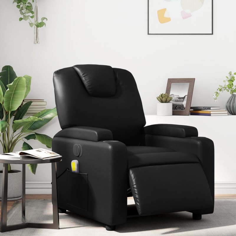 Poltrona massagens reclinável elétrica couro artificial preto-Poltronas-Home Retail